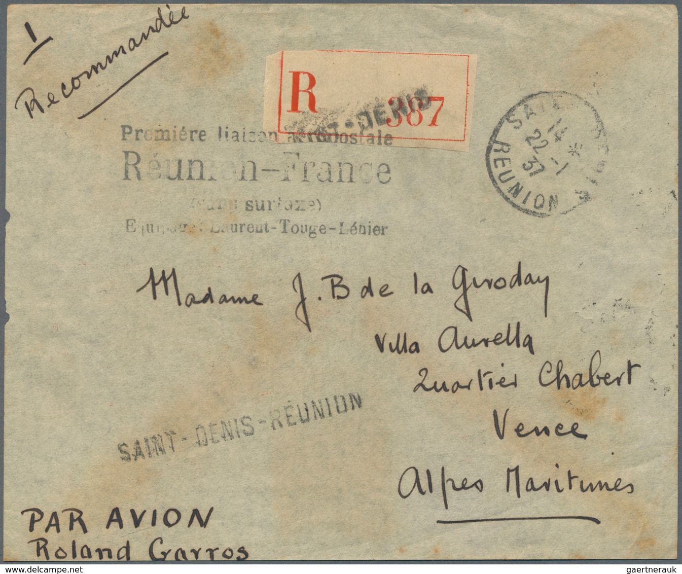 12375 Reunion: 1937, "ROLAND GARROS" Flight, 50c. Red Left Marginal Block Of Four Showing Variety "BOTH LO - Lettres & Documents