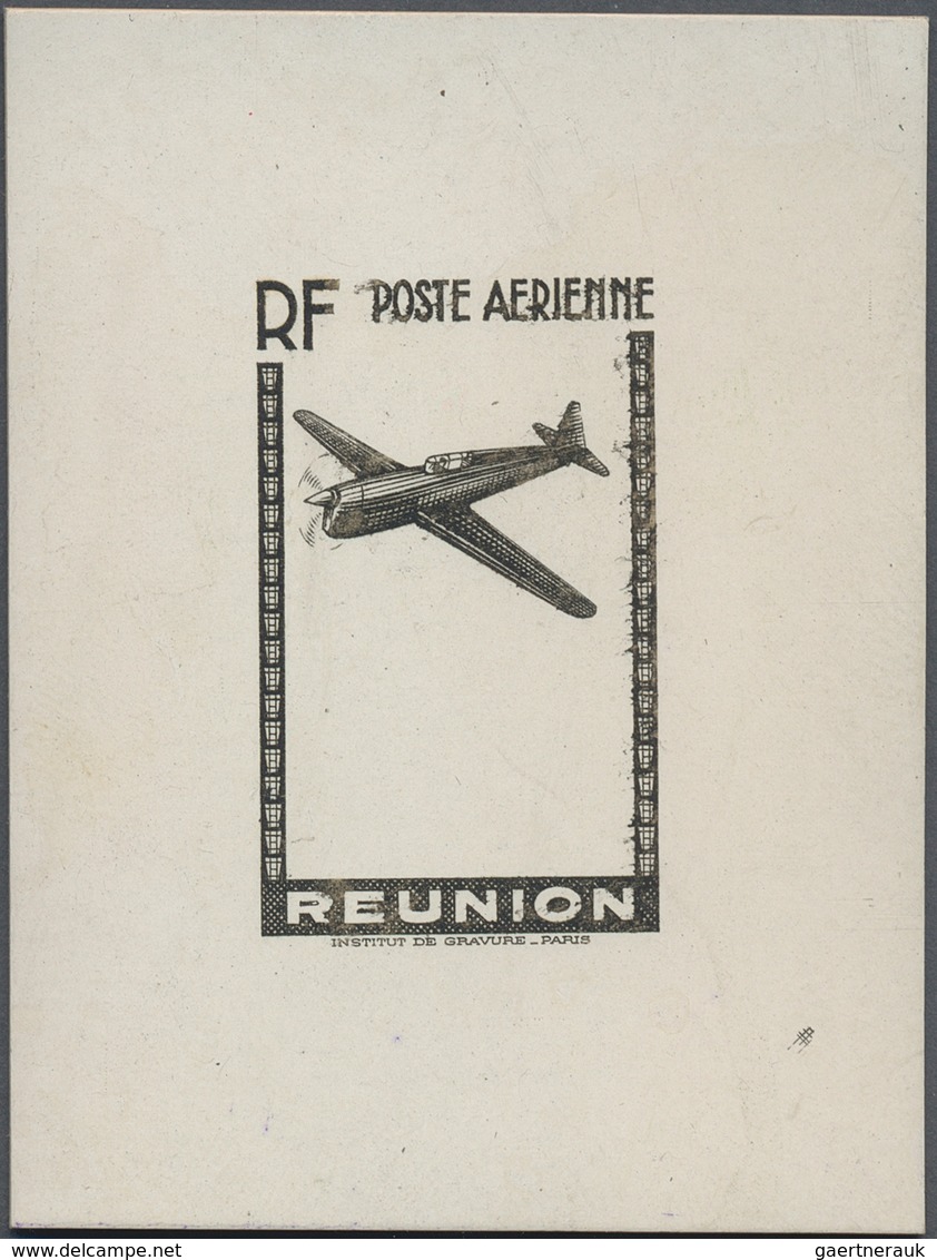 12377 Reunion: 1942, Airmails, Single Stage Proof Showing Exclusively Frame And Plane, In Black On Cardboa - Lettres & Documents