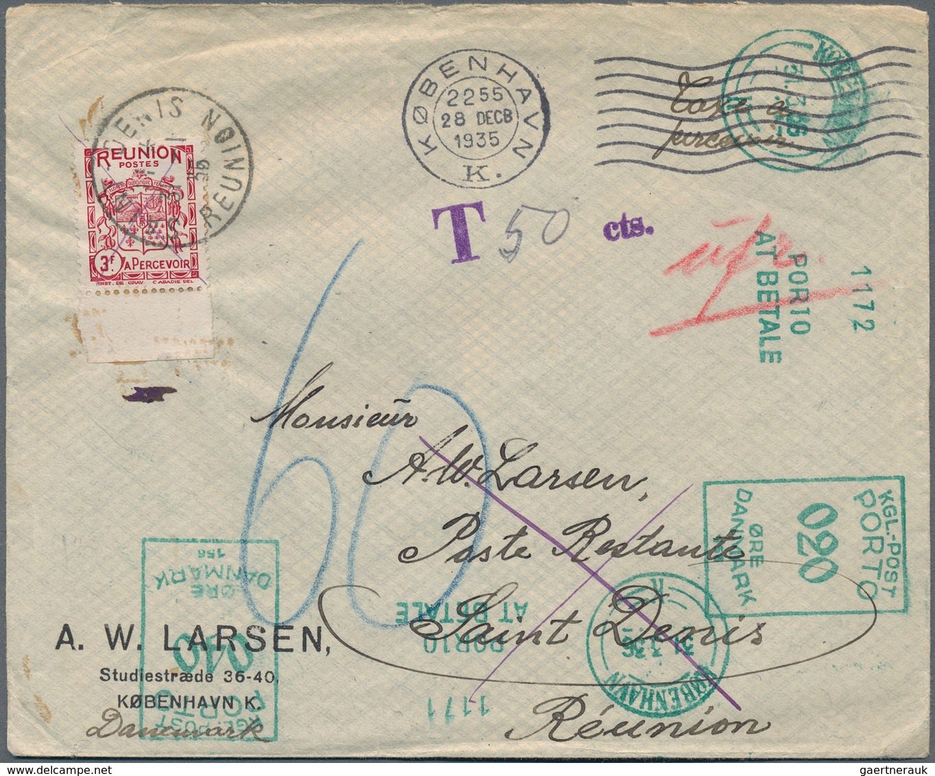 12382 Reunion - Portomarken: 1935, Denmark: Unpaid Cover From KOBENHAVN, 28.12.1935, With Manuscript Note - Timbres-taxe