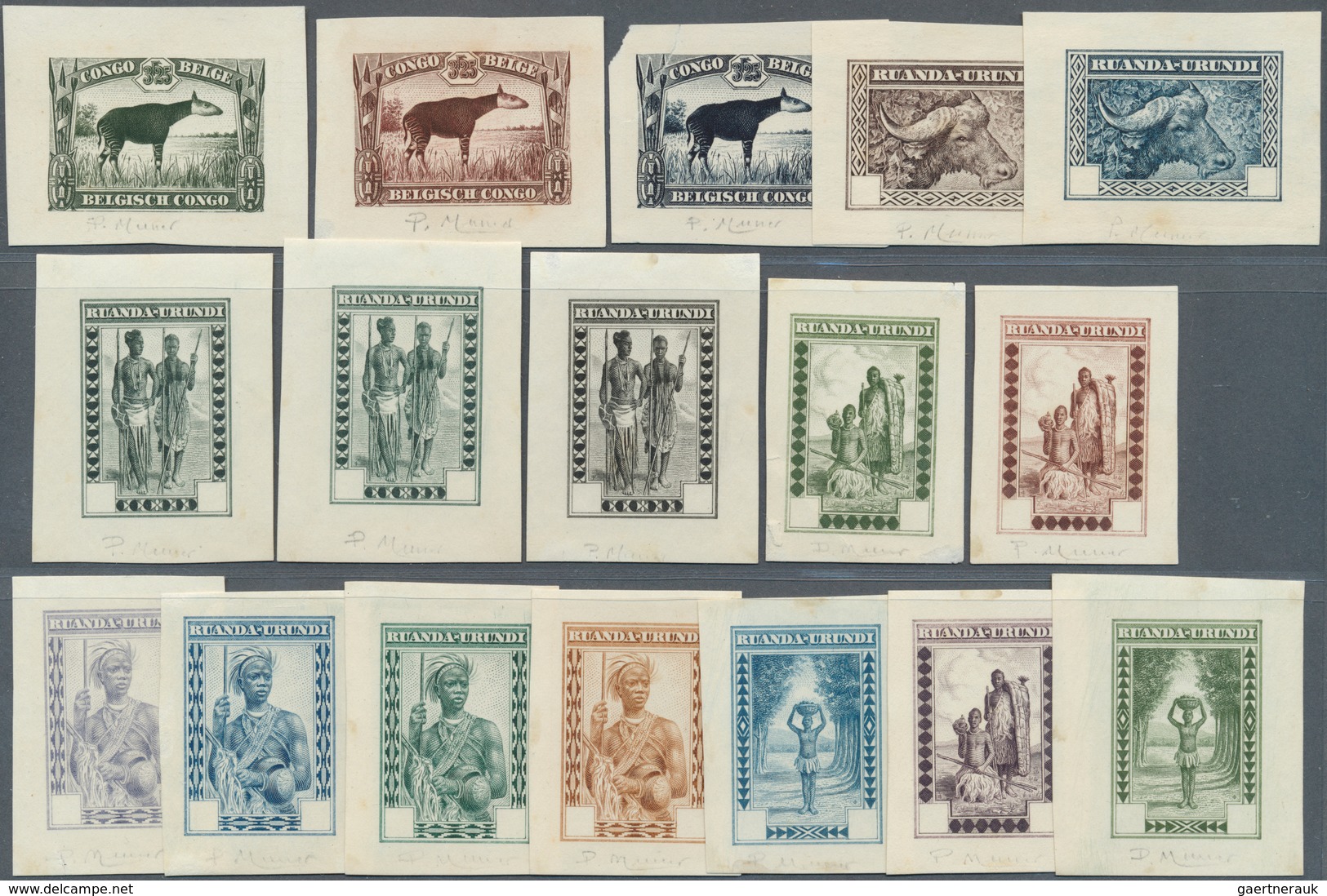 12385 Ruanda-Urundi: 1931, "traditional Scenes" Definitives, Lot With 26 Imperforated Color Proofs, Each S - Autres & Non Classés