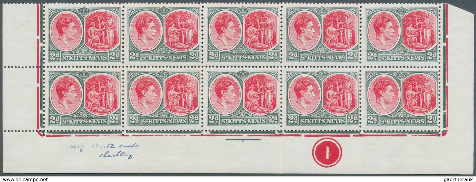 12392 St. Kitts-Nevis: 1941, KGVI And Medicinal Spring 2d. Carmine And Deep Grey Perf. 13 X 12 On Chalk-su - St.Kitts-et-Nevis ( 1983-...)