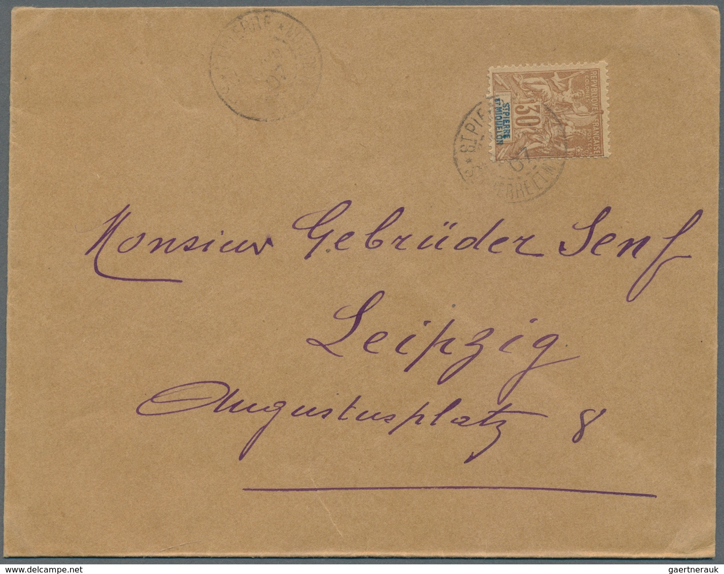 12397 St. Pierre Und Miquelon: 1907, 30c Peace And Commerce As Single Franking To Leipzig, Germany, Fine A - Autres & Non Classés