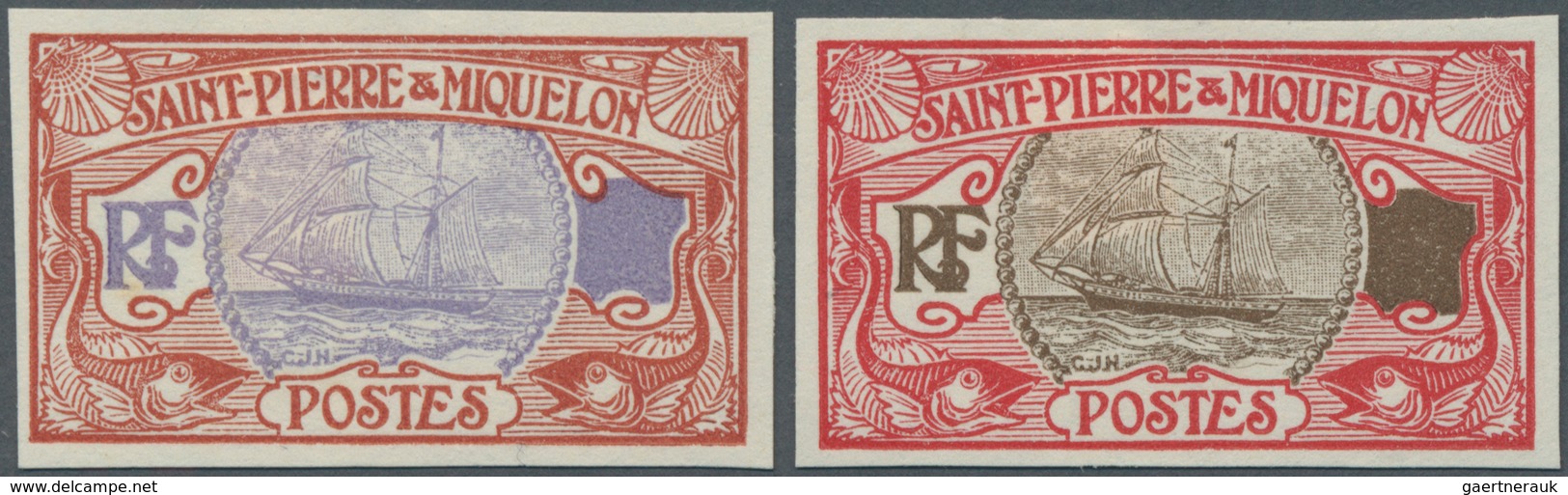 12398 St. Pierre Und Miquelon: 1909, Sailing Ship, Two Color Proofs, Without Declaration Of Value In The C - Autres & Non Classés