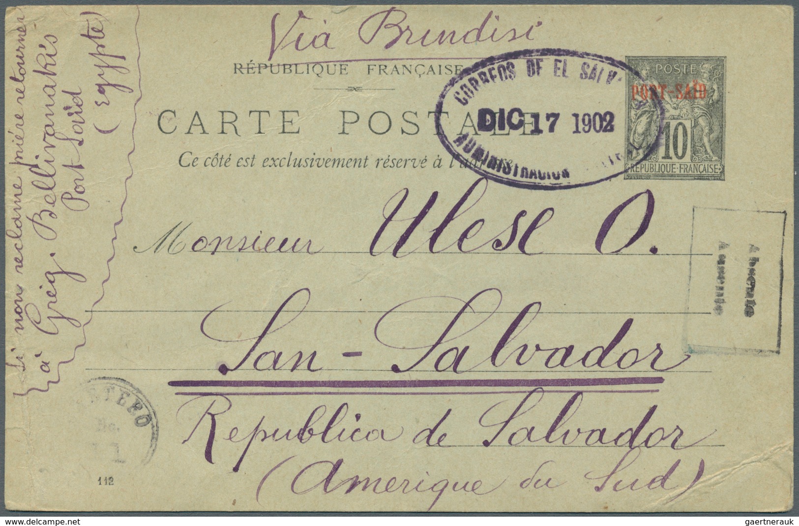 12404 El Salvador: 1902, INCOMING MAIL: French P.O. Port Said, 10 C Black Postal Stationery Card From Port - Salvador