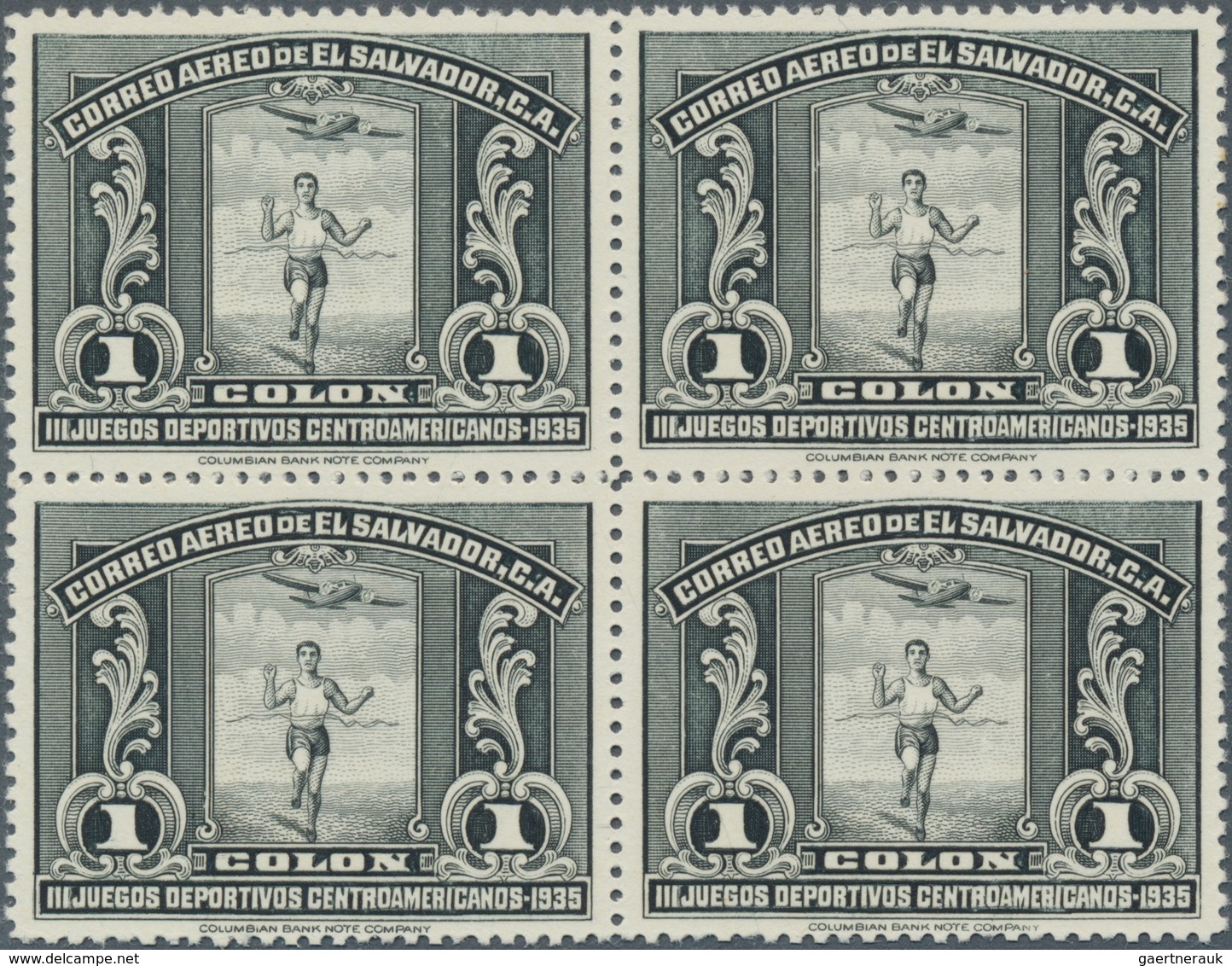 12406 El Salvador: 1935, Airmail Issue 15 C To 1 Col. "3th American Sportgames" In Blocks Of Four, Total 2 - El Salvador