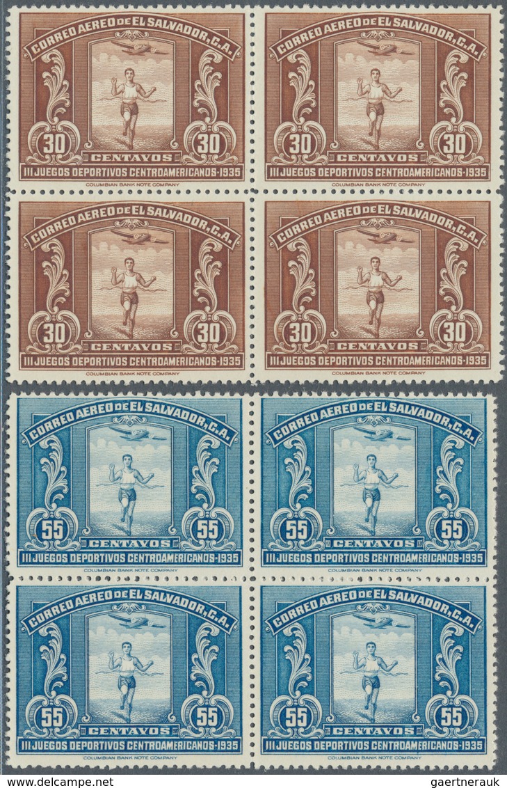 12406 El Salvador: 1935, Airmail Issue 15 C To 1 Col. "3th American Sportgames" In Blocks Of Four, Total 2 - El Salvador