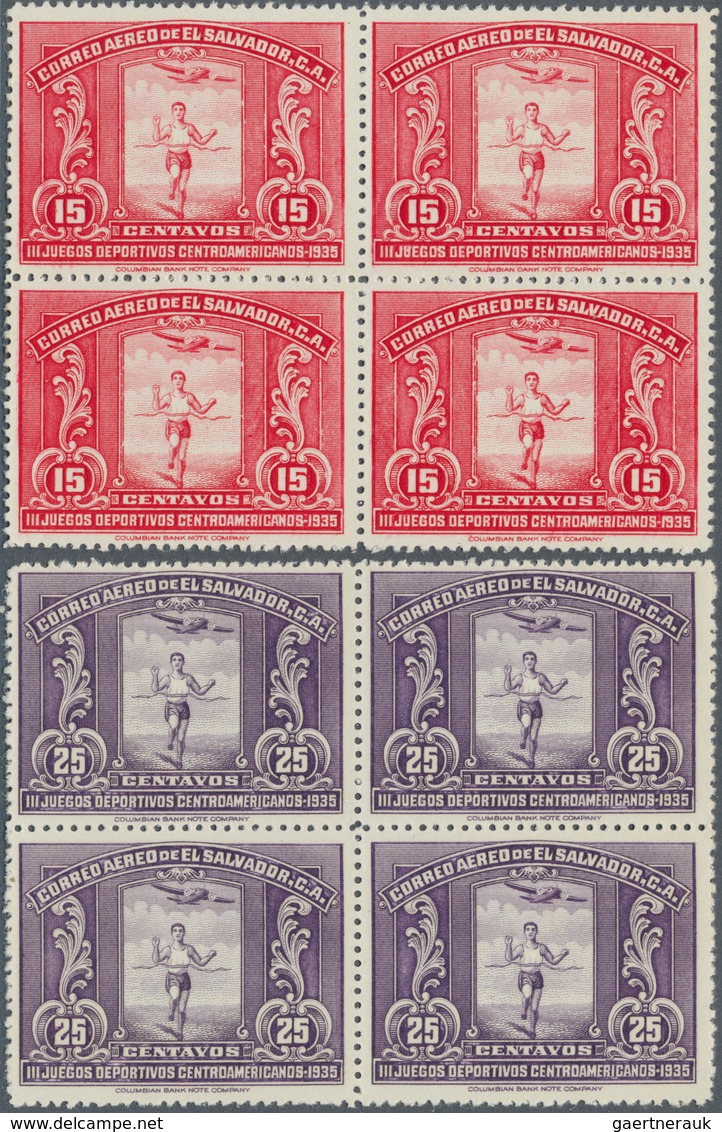 12406 El Salvador: 1935, Airmail Issue 15 C To 1 Col. "3th American Sportgames" In Blocks Of Four, Total 2 - El Salvador