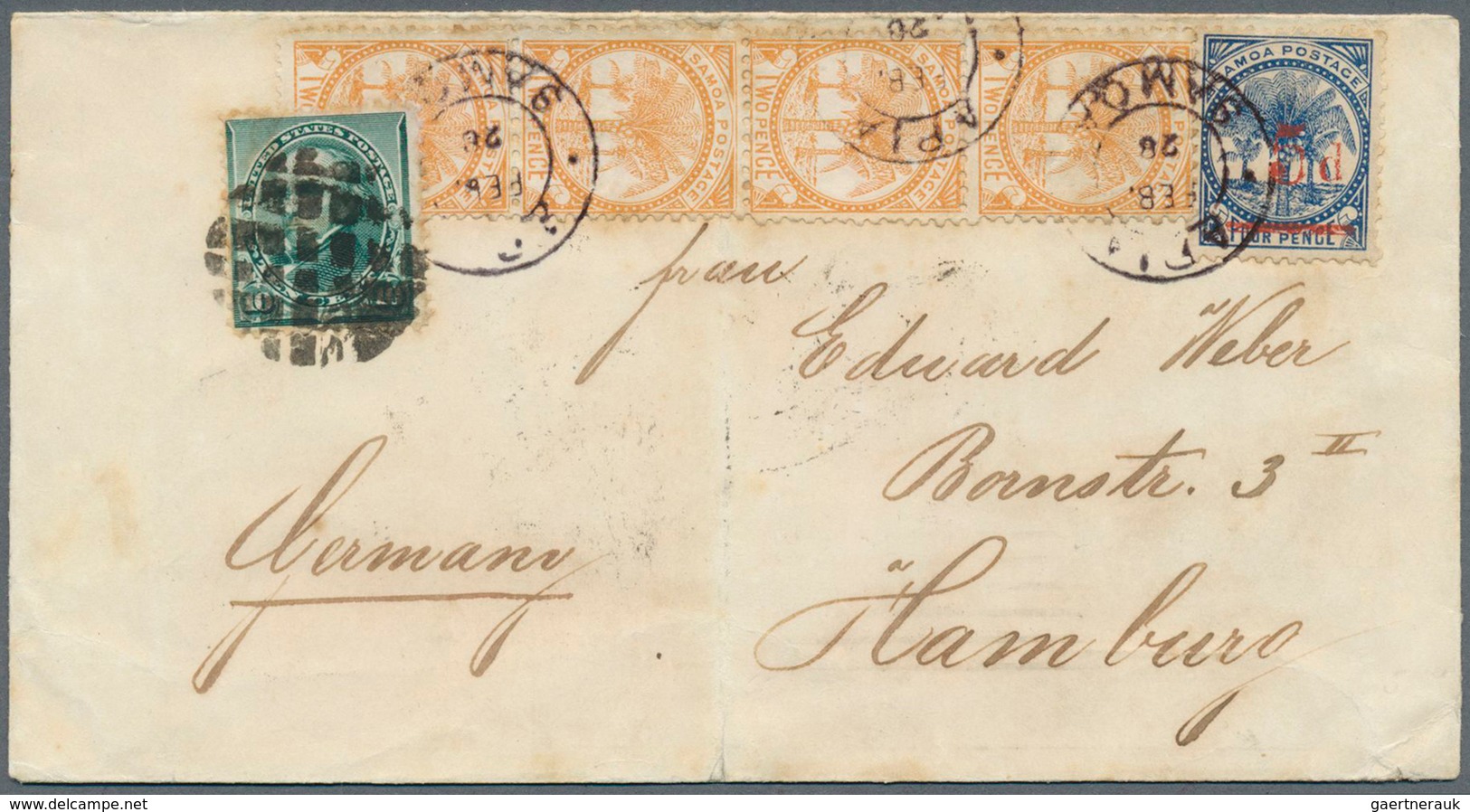 12407 Samoa: 1894 (28 Feb): Cover Franked With Vertical Strip Of Four 2d Orange And 5d On 4d Blue, All Tie - Samoa