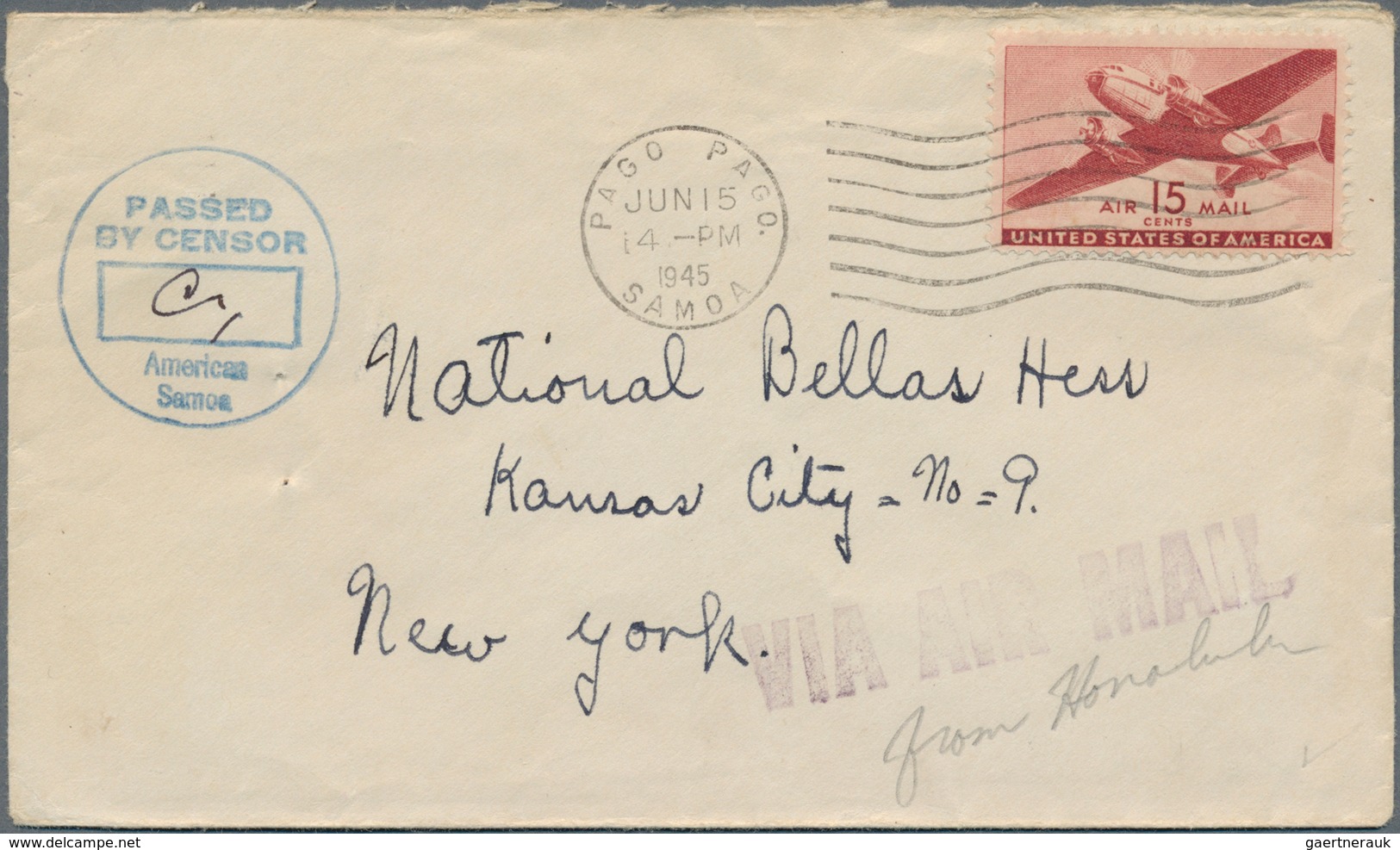 12409A Samoa: 1945, USA, 15 C Brown Carmine Airmail Stamp, Single Franking On Airmail Cover With Machine Ca - Samoa