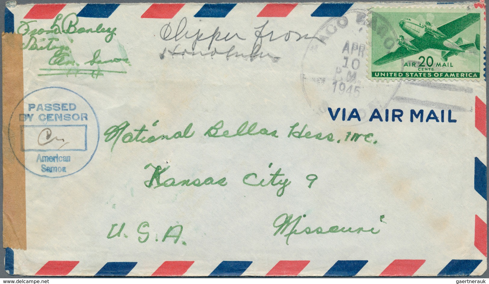 12409A Samoa: 1945, USA, 15 C Brown Carmine Airmail Stamp, Single Franking On Airmail Cover With Machine Ca - Samoa