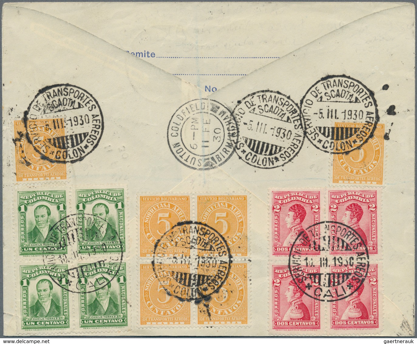 12412A SCADTA - Allgemeine Auslandsausgabe: 1930, Great Britain, 1/2 D And 9 D KGV (Scott 187,198), Tied By - Sonstige - Amerika