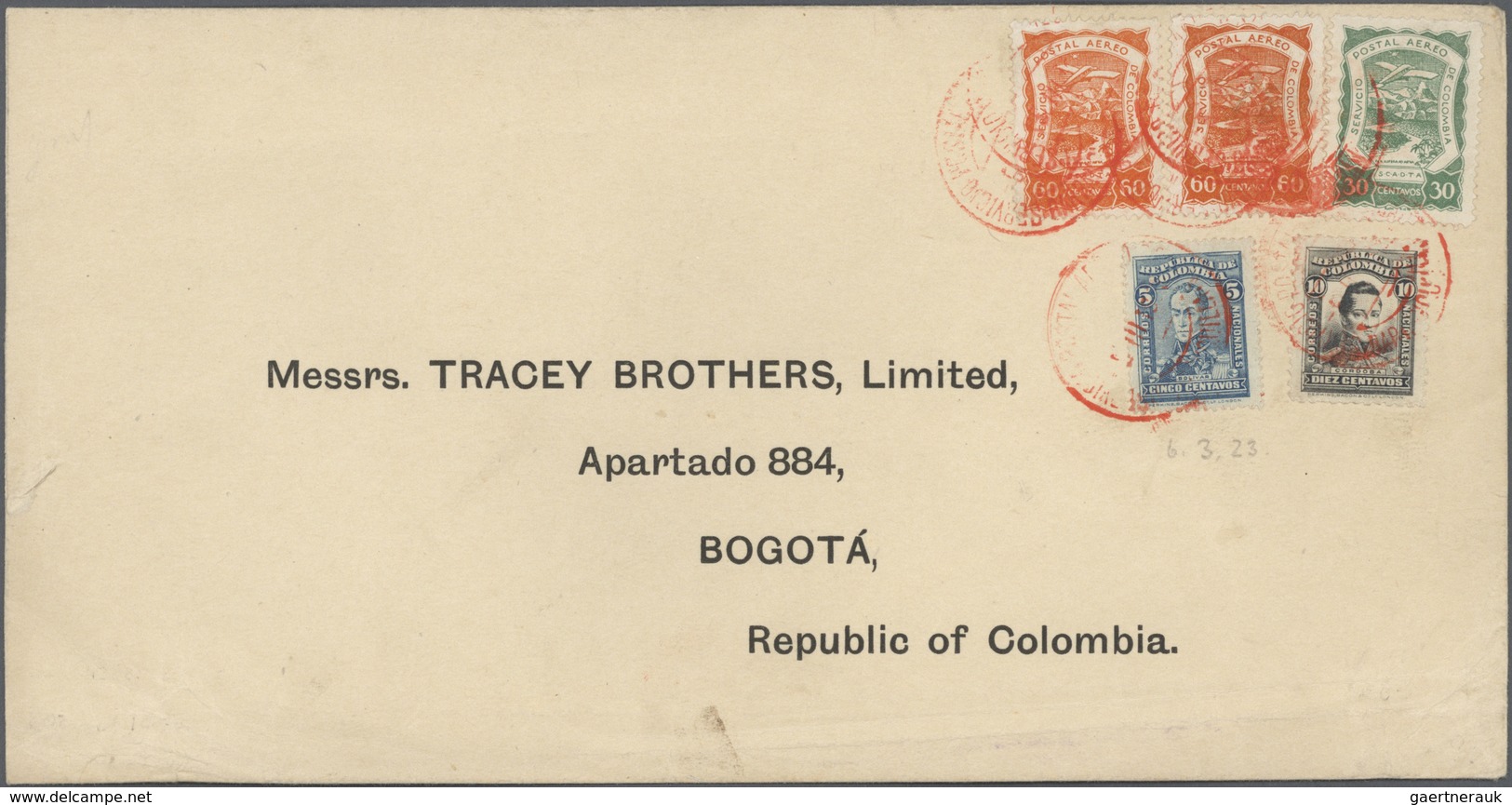 12416 SCADTA - Ausgaben Für Kolumbien: 1923, Letter To Bogota With 30 And Two 60 C. SCADTA Togethe With 5 - Colombie