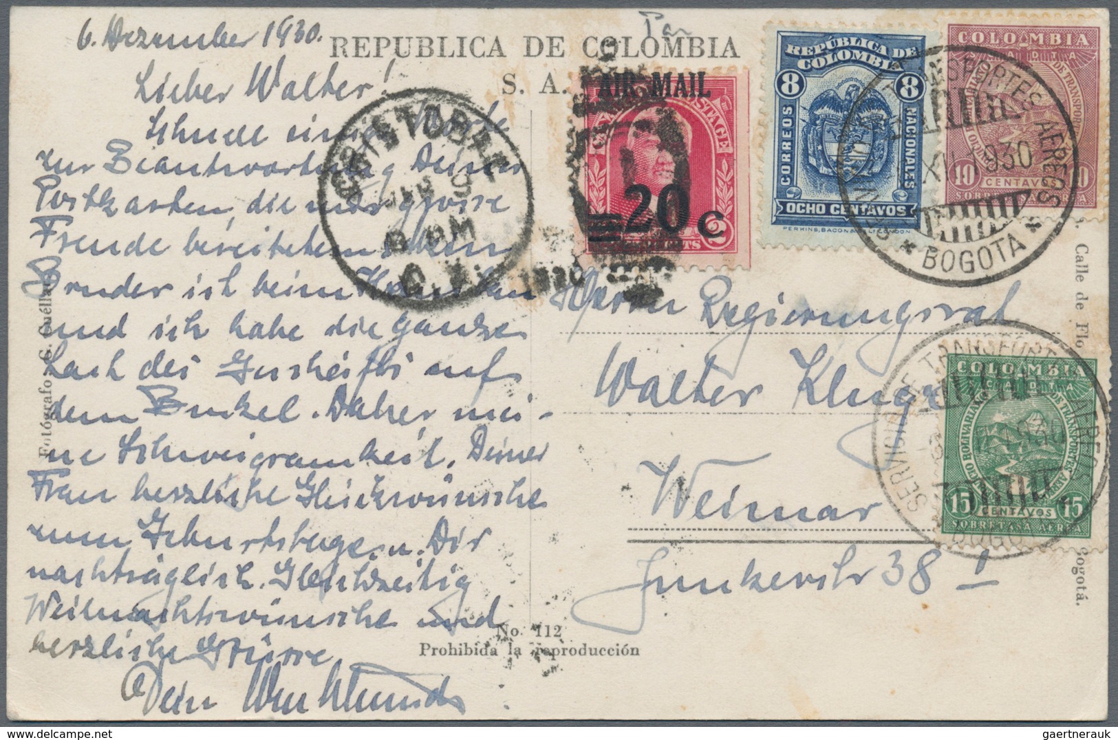 12418 SCADTA - Ausgaben Für Kolumbien: 1930, 10 C., 15 C. With Colombia 8 C., Canc. "BOGOTA 6.XII.30" In C - Colombie