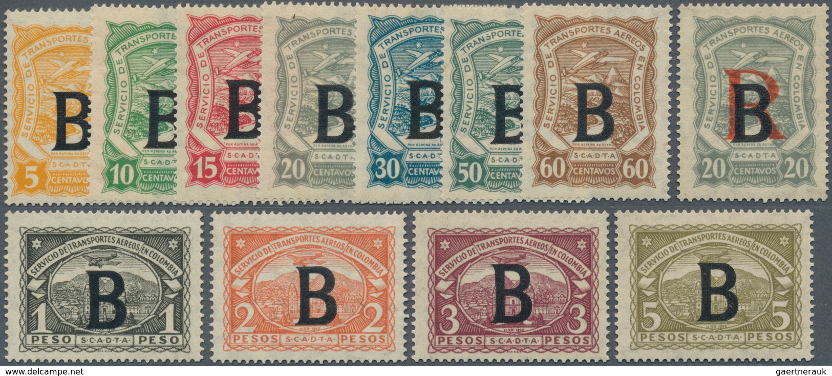 12421 SCADTA - Länder-Aufdrucke: 1923, BELGIUM: Colombia Airmail Issue With Black Opt. 'B' Complete Set Of - Flugzeuge