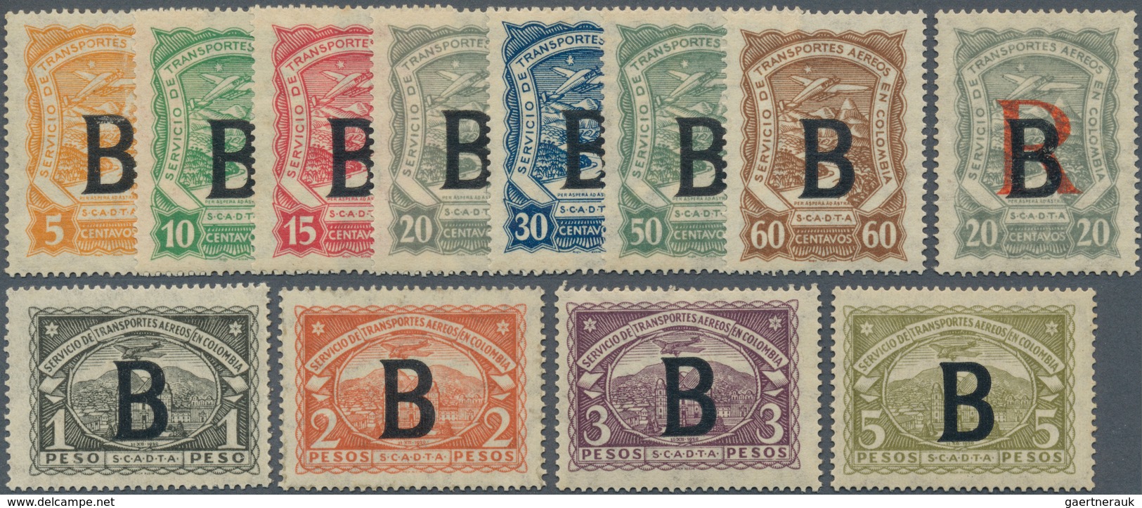 12422 SCADTA - Länder-Aufdrucke: 1923, BELGIUM: Colombia Airmail Issue With Black Opt. 'B' Complete Set Of - Avions