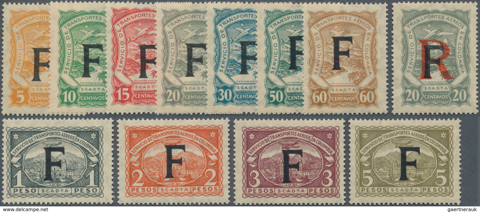 12424 SCADTA - Länder-Aufdrucke: 1923, FRANCE: Colombia Airmail Issue With Black Opt. 'F' Complete Set Of - Avions