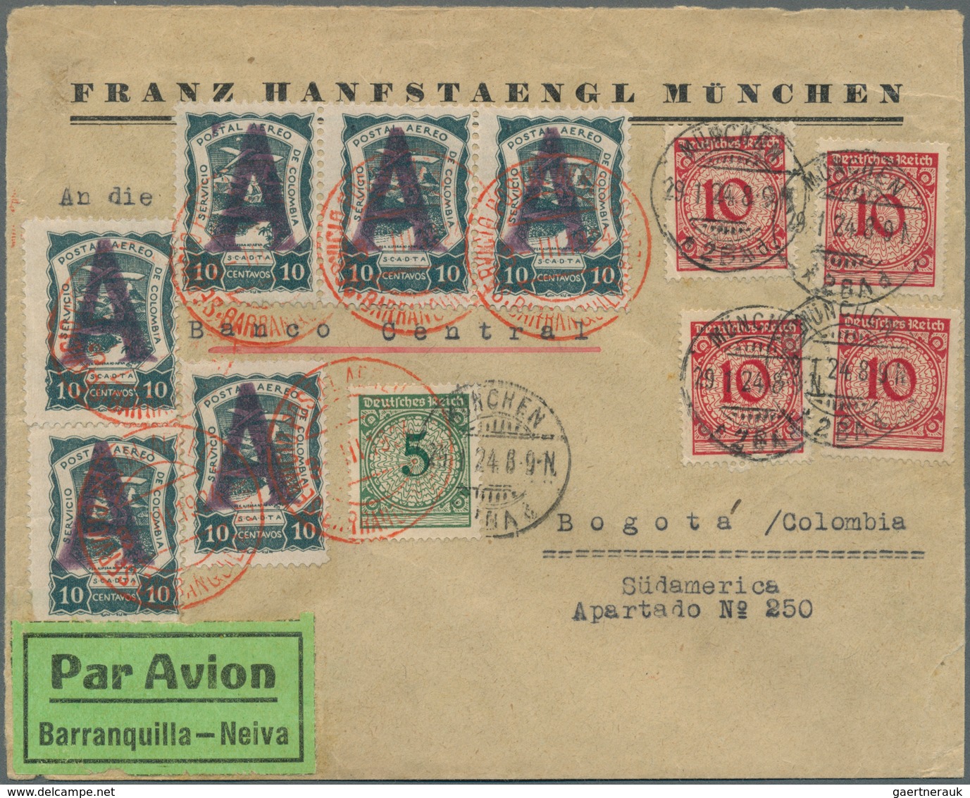 12426 SCADTA - Länder-Aufdrucke: 1924: Kabinett-Scadta Flugbrief Aus München 29.1. Mit 4x 10 RPfg Rot Und - Avions