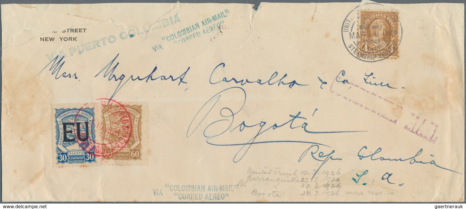 12427 SCADTA - Länder-Aufdrucke: 1926, Letter From USA Franked With 4C. Cancelled By "STEAMSHIP" To Bogota - Avions