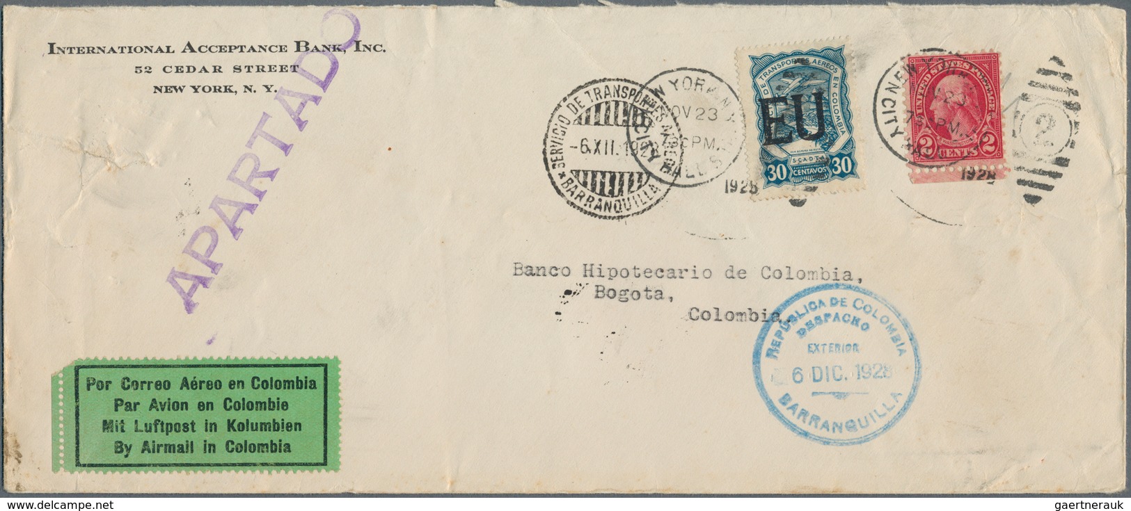 12430 SCADTA - Länder-Aufdrucke: 1928, Bankletter From NEW YORK Franked With 2 C. Washinton In Columbia Vi - Avions