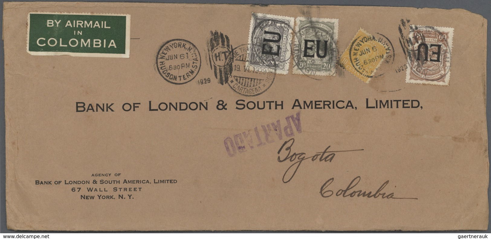 12431 SCADTA - Länder-Aufdrucke: 1929, Bank Letter From NEW YORK Franked With 10 C. Monroe With Label "BY - Aerei