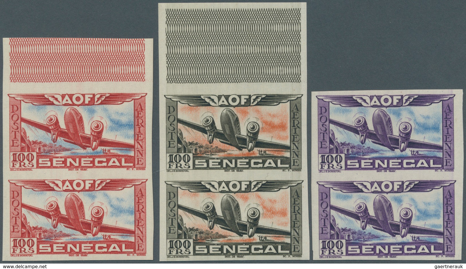 12435 Senegal: 1942, Airmails, 100fr., Three Imperforate Vertical Colour Proof Pairs (one In Issued Colour - Senegal (1960-...)