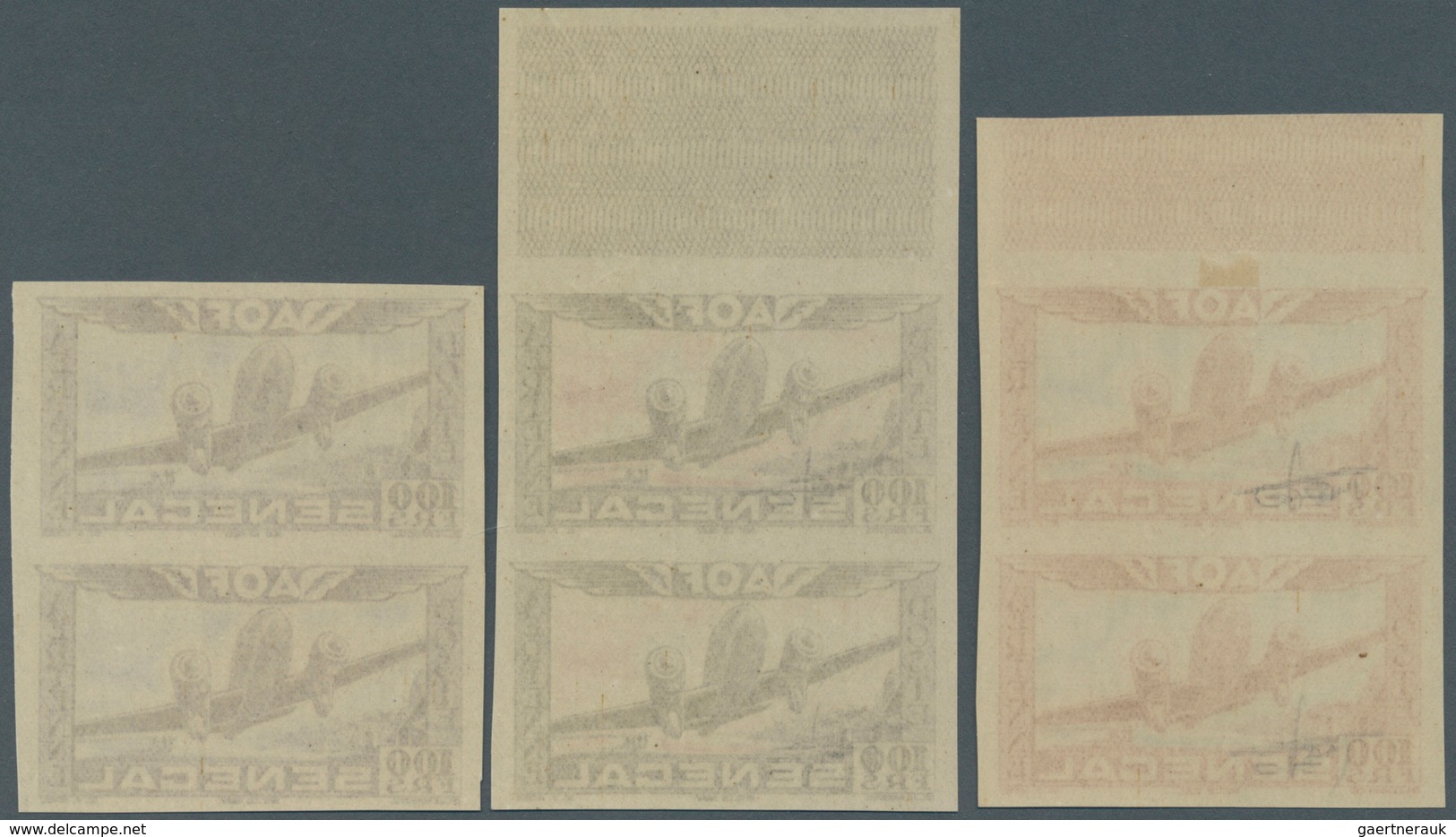 12435 Senegal: 1942, Airmails, 100fr., Three Imperforate Vertical Colour Proof Pairs (one In Issued Colour - Sénégal (1960-...)