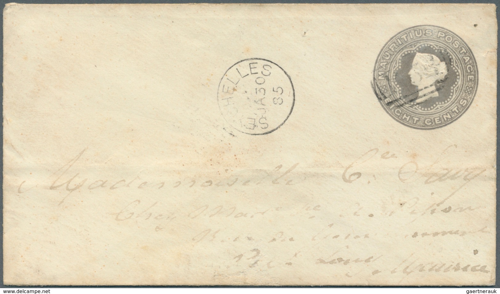 12438 Seychellen: 1885 Envelope 8 C. Grey Mauritius Used On The Seychelles With Cancel "SEYCHELLES JA 30 8 - Seychelles (...-1976)