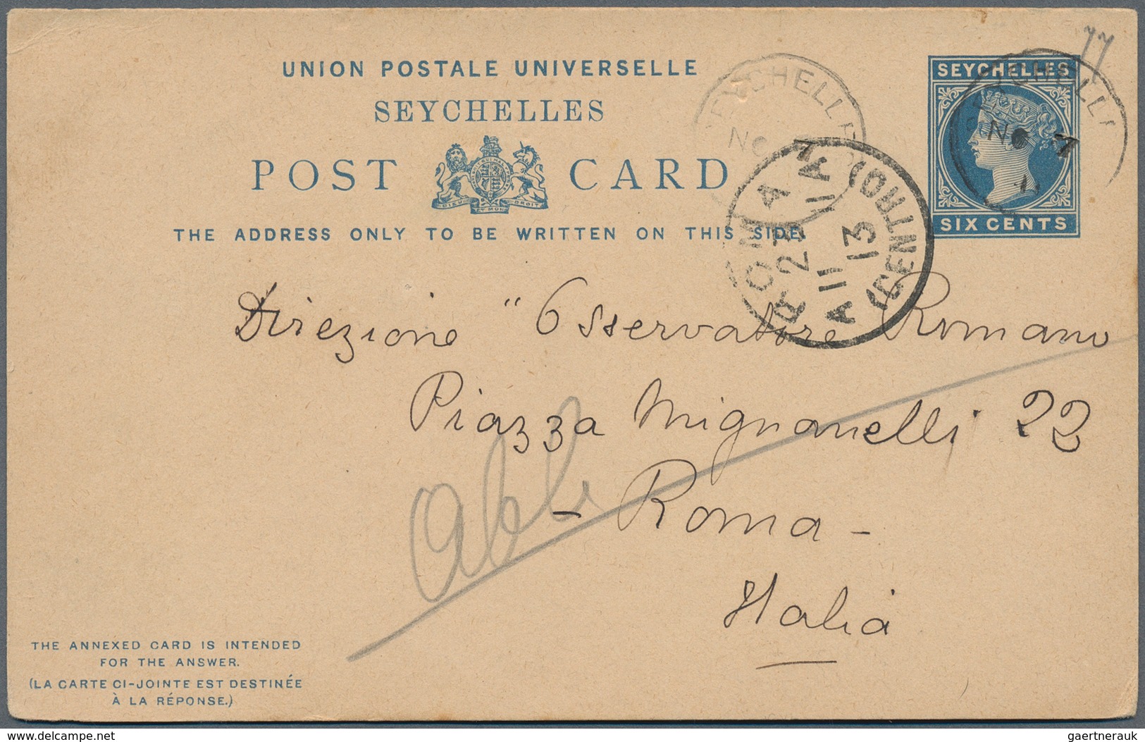 12439 Seychellen: 1893/1902, Group Of 4 Different Stationeries: 6 C Blue QV Psc From SEYCHELLES, NO 11 10, - Seychellen (...-1976)