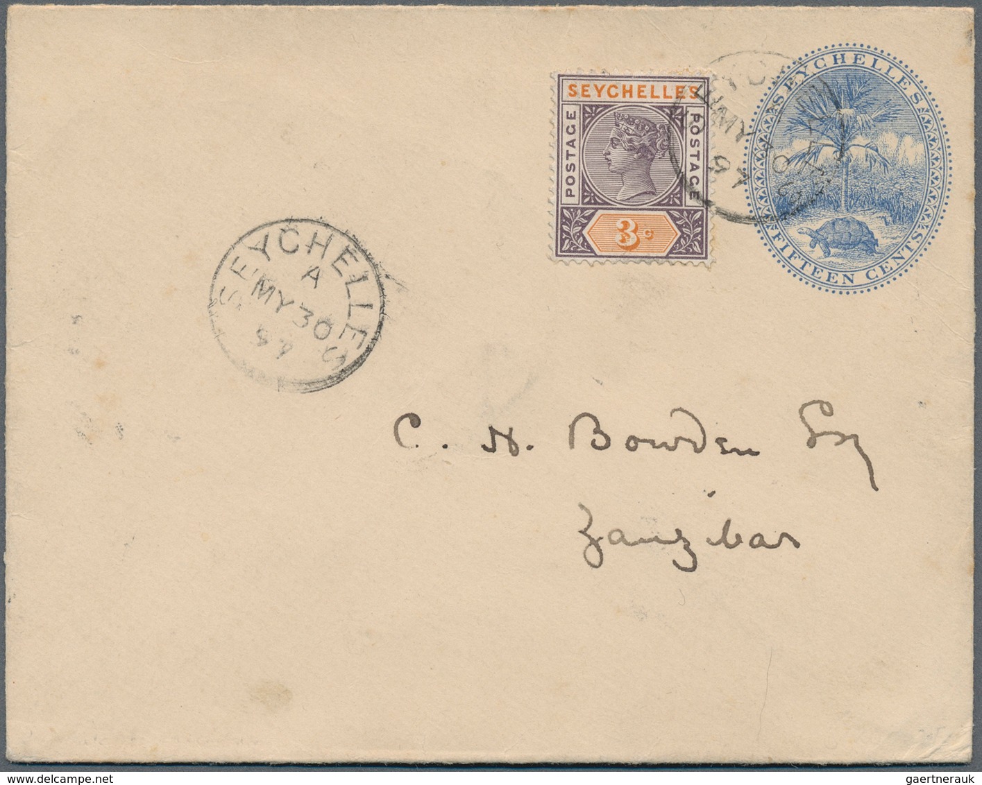 12440 Seychellen: 1897, 15 C Blue "palm And Turtle" Pse, Uprated With 3 C Purple/orange QV From SEYCHELLES - Seychellen (...-1976)