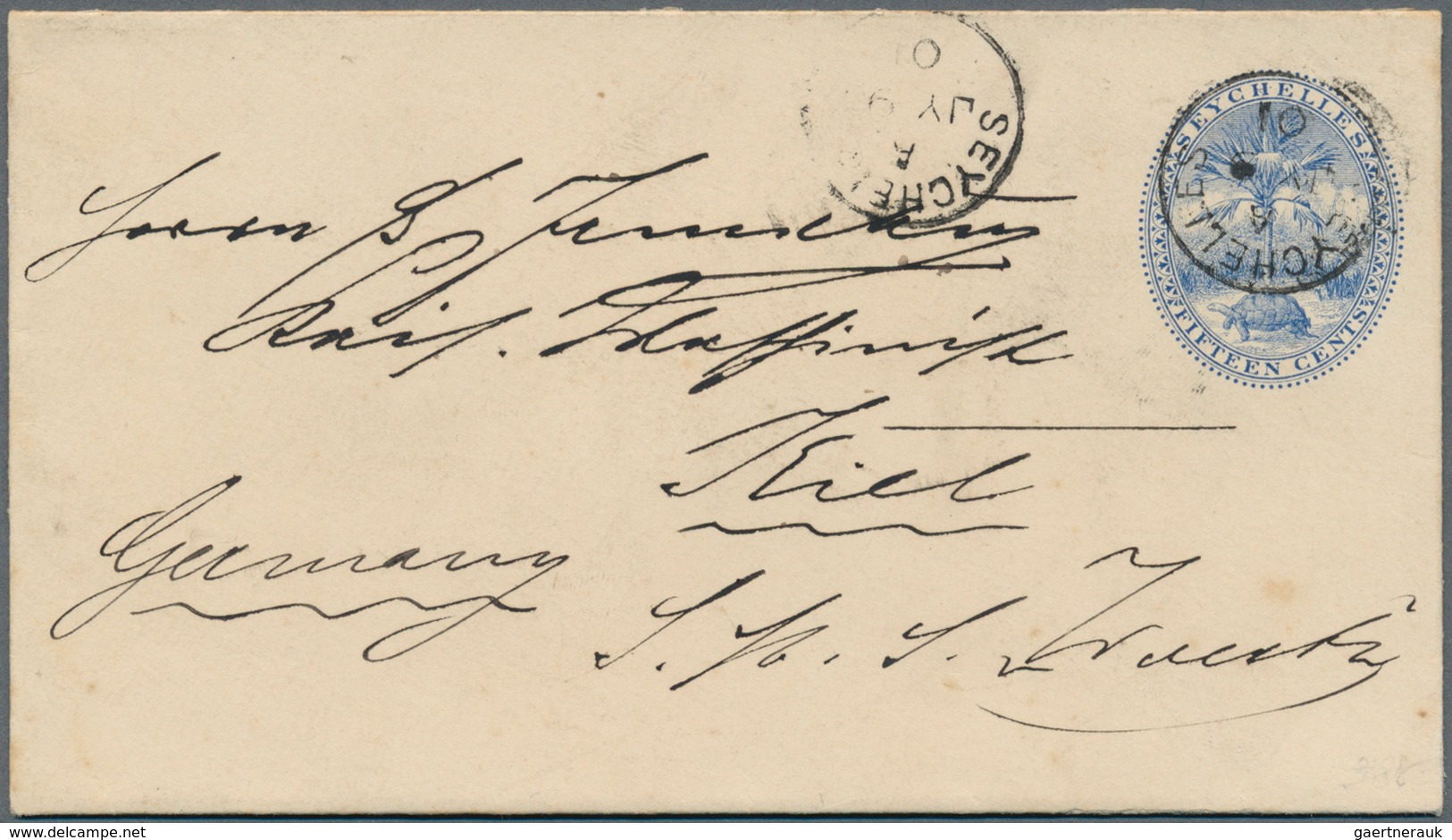 12441 Seychellen: 1901, Stationery Envelope 15 C. Blue Sent From "SEYCHELLES A JY 9 01" To Kiel, Germany, - Seychelles (...-1976)