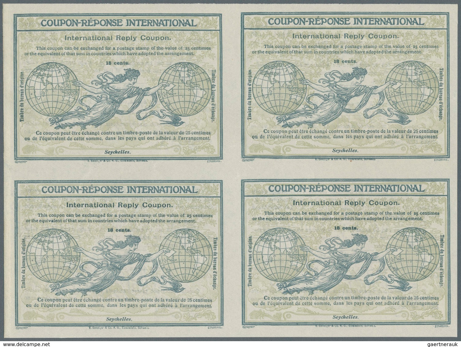 12442 Seychellen: Design "Rome" 1906 International Reply Coupon As Block Of Four 18 C. Seychelles. This Bl - Seychelles (...-1976)