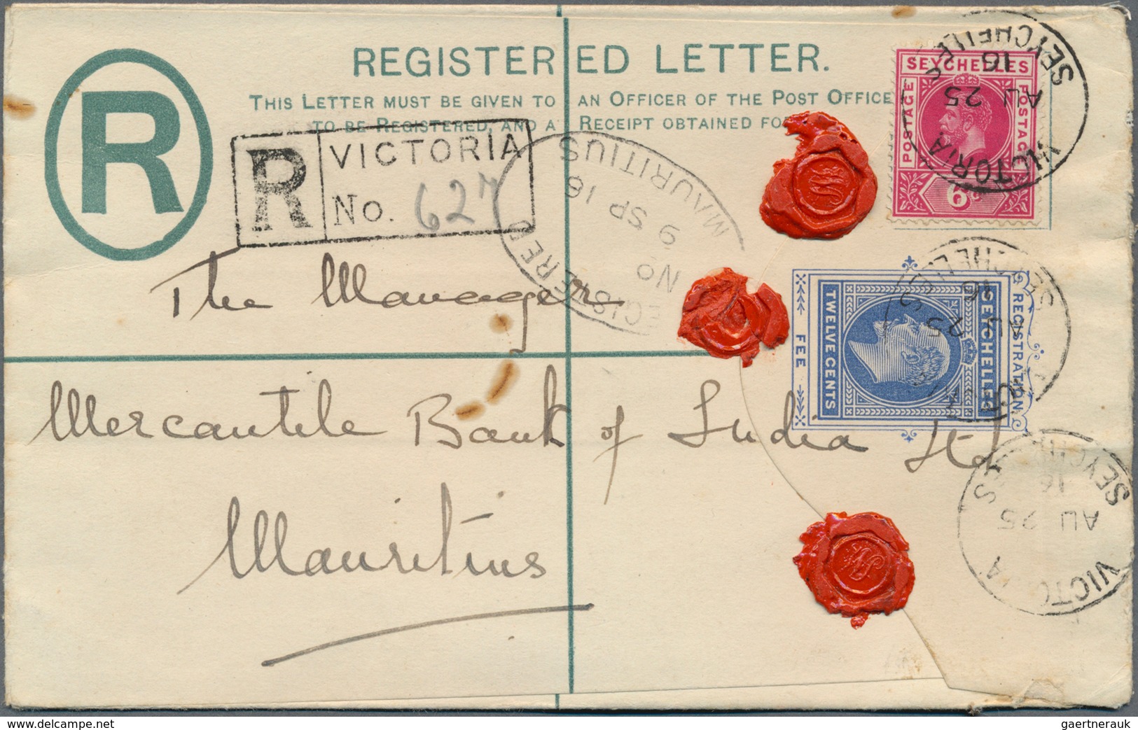 12443 Seychellen: 1916, 12 C Blue KEVII Registered Pse (formate G), Uprated With 6 C Carmine-red KGV, Sent - Seychelles (...-1976)