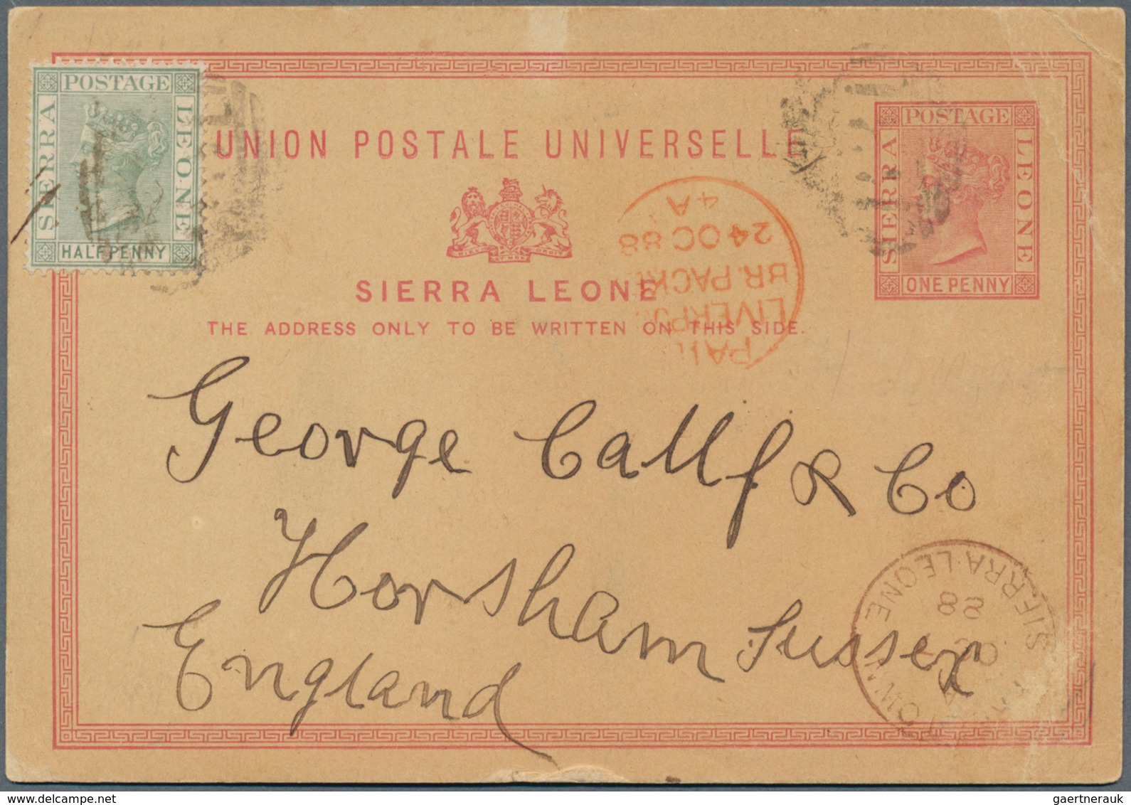 12446 Sierra Leone: 1888, 1 D Stationery Card Uprated With 1/2 D Sent From FREETOWN By "LIVERPOOL BR: PACK - Sierra Leone (1961-...)