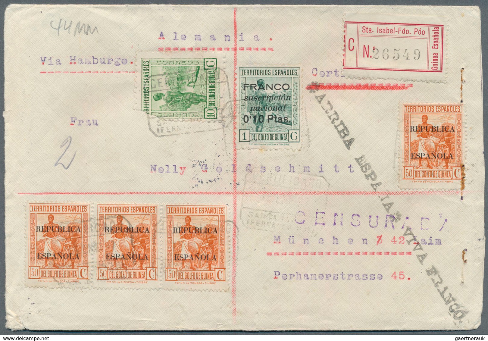 12453 Spanische Besitzungen Im Golf Von Guinea: 1937, 10 Cs Green, 4 X 50 Cs Orange With Ovp "Republica Es - Guinée Espagnole