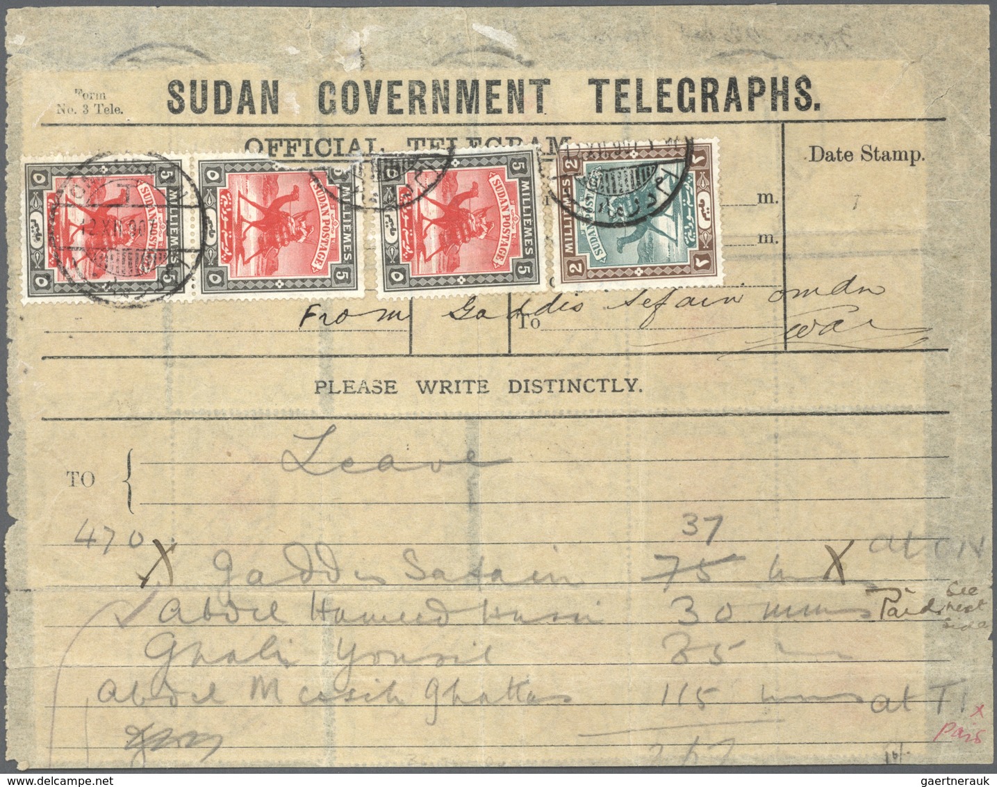 12455 Sudan: 1902, TELEGRAM Bearing Blocks Of Totally 26(!) Stamps Camel-rider 5 Mil And One 2 Mil With Ca - Sudan (1954-...)