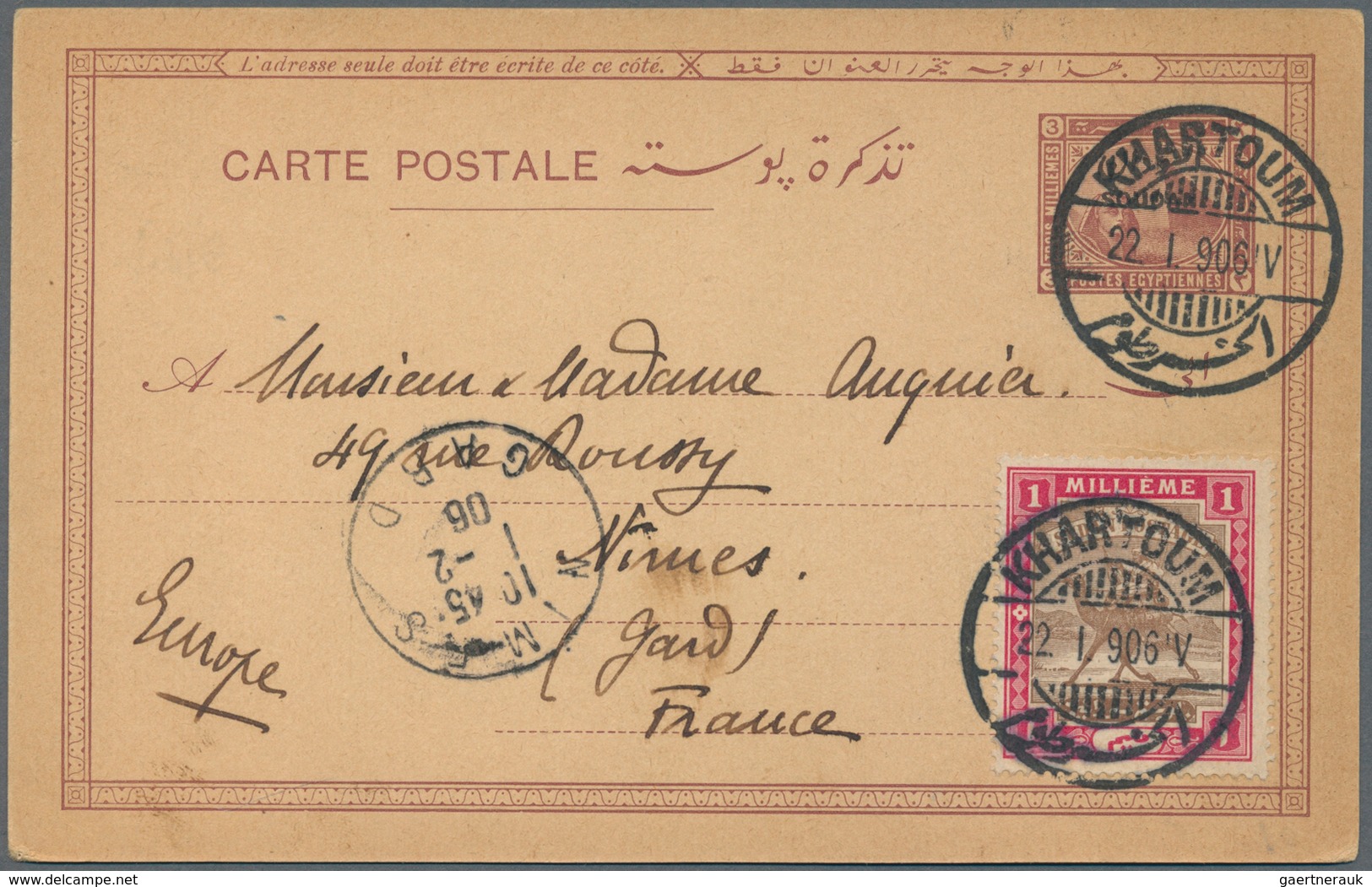 12459 Sudan - Ganzsachen: 1906, Egyptian 3 Mill Stationery Card With Addititonal Sudan Franking Sent From - Soudan (1954-...)