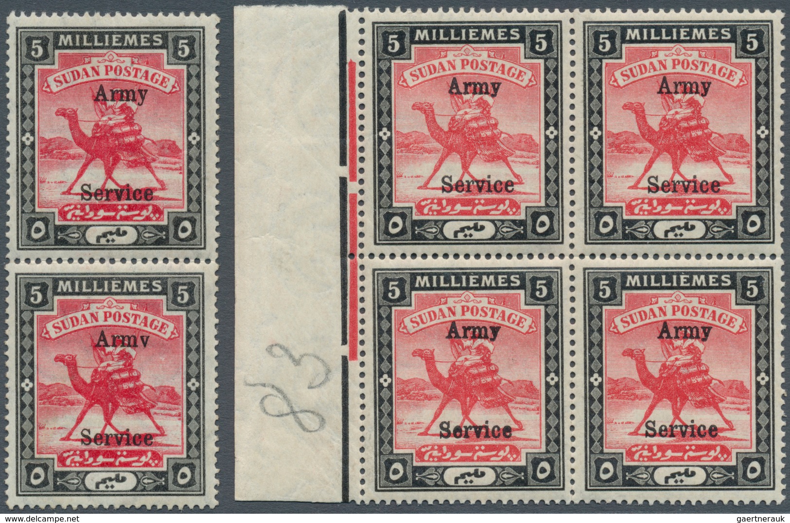 12461 Sudan - Dienstmarken Militär: 1906, Camel Rider 5m. Scarlet And Black Vertical Pair With Lower Stamp - Soudan (1954-...)