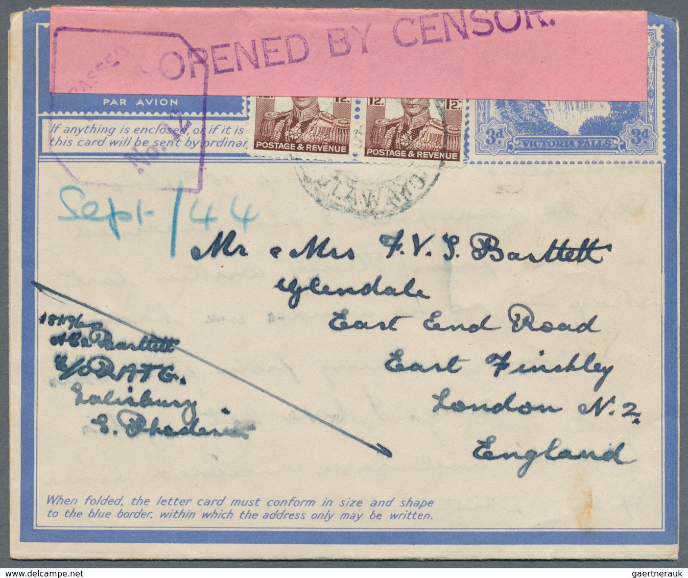 12468 Süd-Rhodesien: 1940/1944, Four ACTIVE SERVICE Lettercards 'Victoria Falls' 3d Blue All Commercially - Südrhodesien (...-1964)