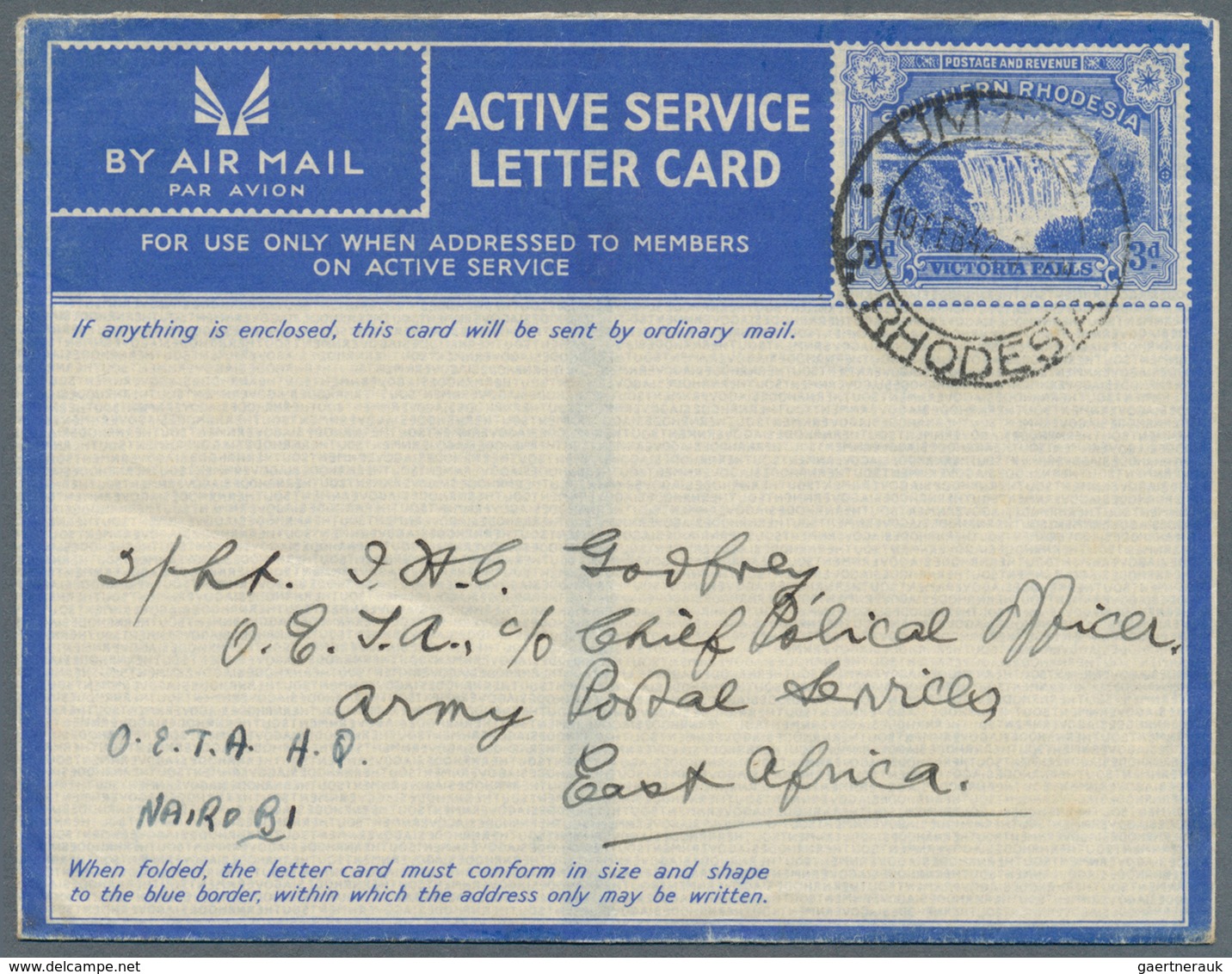 12468 Süd-Rhodesien: 1940/1944, Four ACTIVE SERVICE Lettercards 'Victoria Falls' 3d Blue All Commercially - Südrhodesien (...-1964)