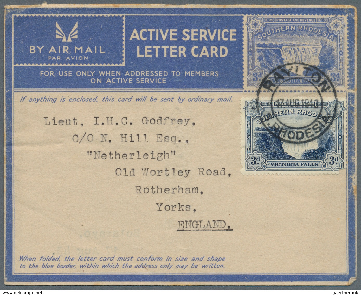 12468 Süd-Rhodesien: 1940/1944, Four ACTIVE SERVICE Lettercards 'Victoria Falls' 3d Blue All Commercially - Rhodésie Du Sud (...-1964)