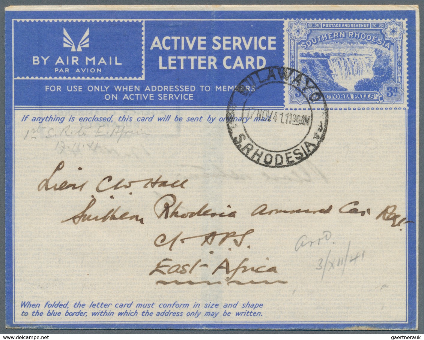 12468 Süd-Rhodesien: 1940/1944, four ACTIVE SERVICE lettercards 'Victoria Falls' 3d blue all commercially