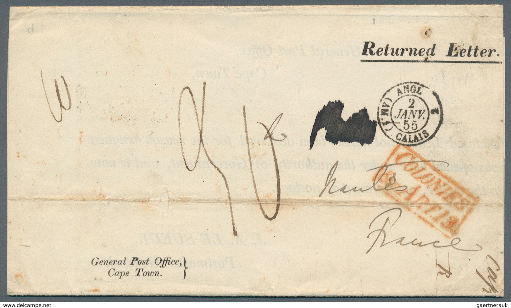 12470 Kap Der Guten Hoffnung: 1854. Stampless 'Returned Letter' Envelope Written From The 'General Post Of - Kap Der Guten Hoffnung (1853-1904)