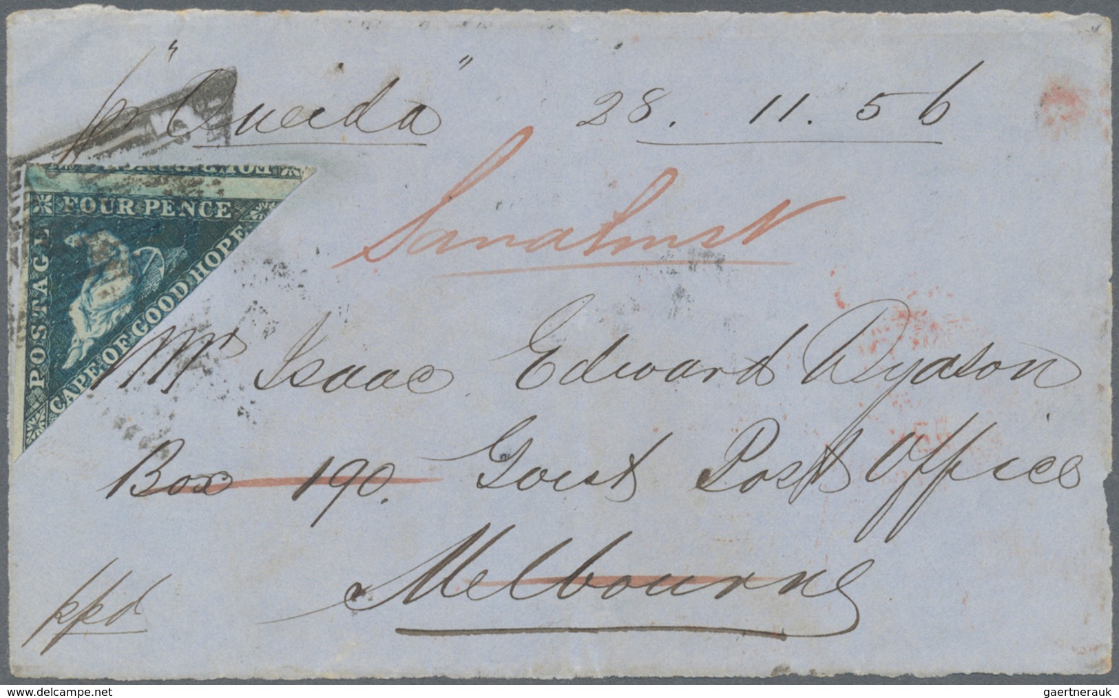 12471 Kap Der Guten Hoffnung: 1856, CAPE OF GOOD HOPE, Perkins Bacon, 4d Deep Blue Triangular, Two Large M - Cap De Bonne Espérance (1853-1904)