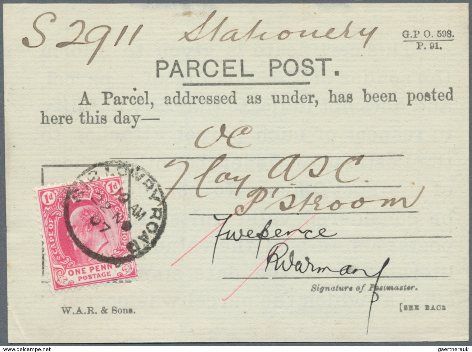 12474 Kap Der Guten Hoffnung: 1907, 1 D Carmine KEVII, Single Franking On Official Receipt For Posting A P - Kap Der Guten Hoffnung (1853-1904)