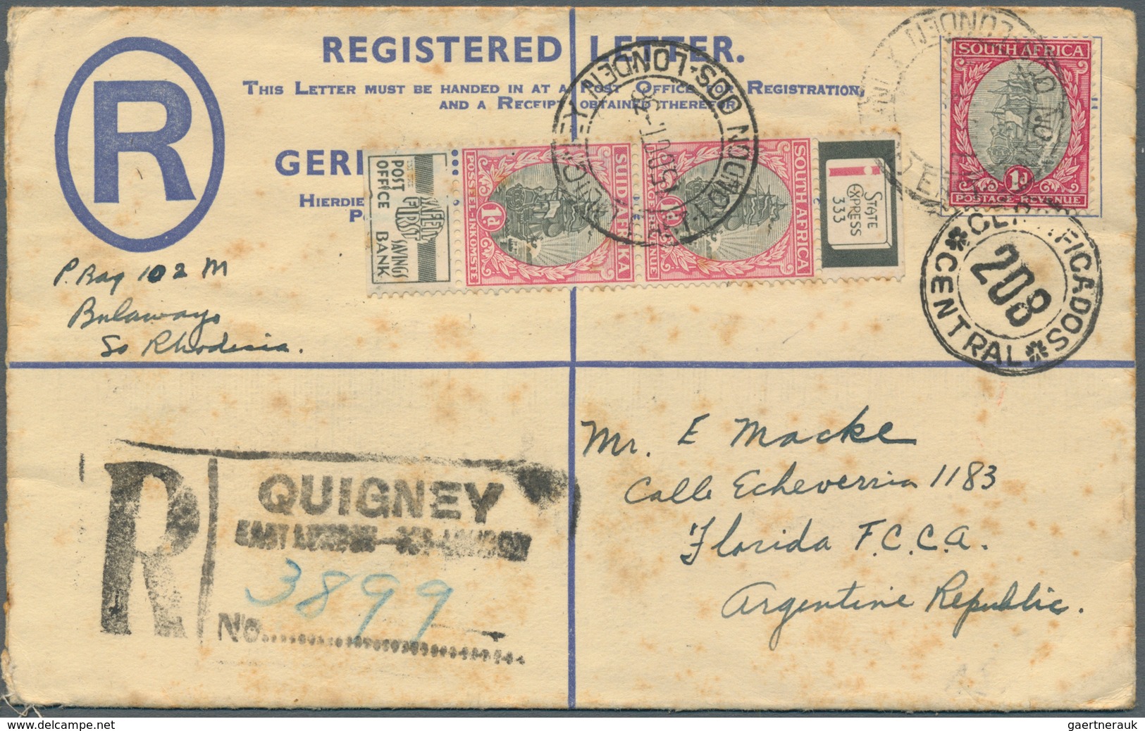 12493 Südafrika - Ganzsachen: 1919/1936, Group Of 3 Stationeries: 4 D Blue KGV Registered Pse, Uprated Wit - Autres & Non Classés