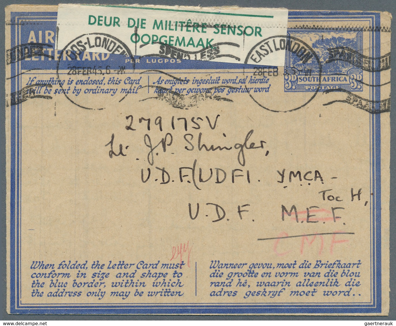 12495 Südafrika - Ganzsachen: 1942/1945, Five AIR MAIL Lettercards 3d Blue All Commercially Used Incl. One - Sonstige & Ohne Zuordnung