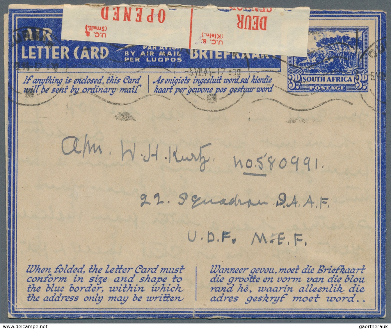 12495 Südafrika - Ganzsachen: 1942/1945, five AIR MAIL lettercards 3d blue all commercially used incl. one