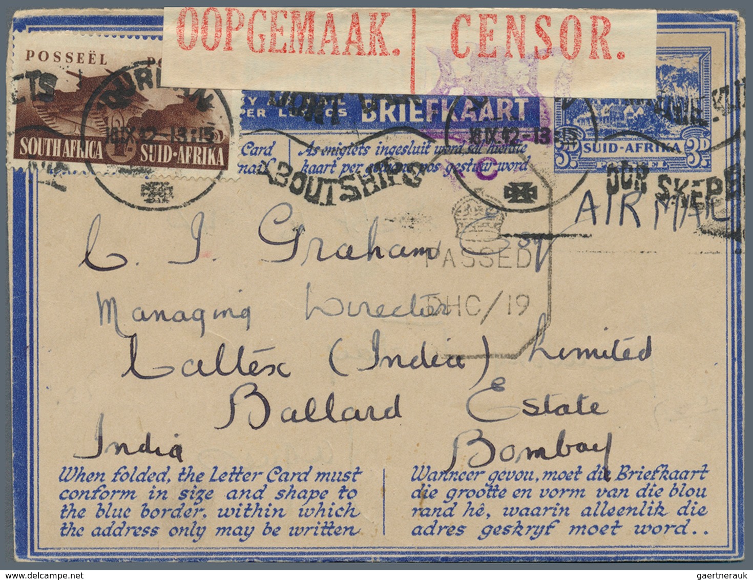 12495 Südafrika - Ganzsachen: 1942/1945, five AIR MAIL lettercards 3d blue all commercially used incl. one