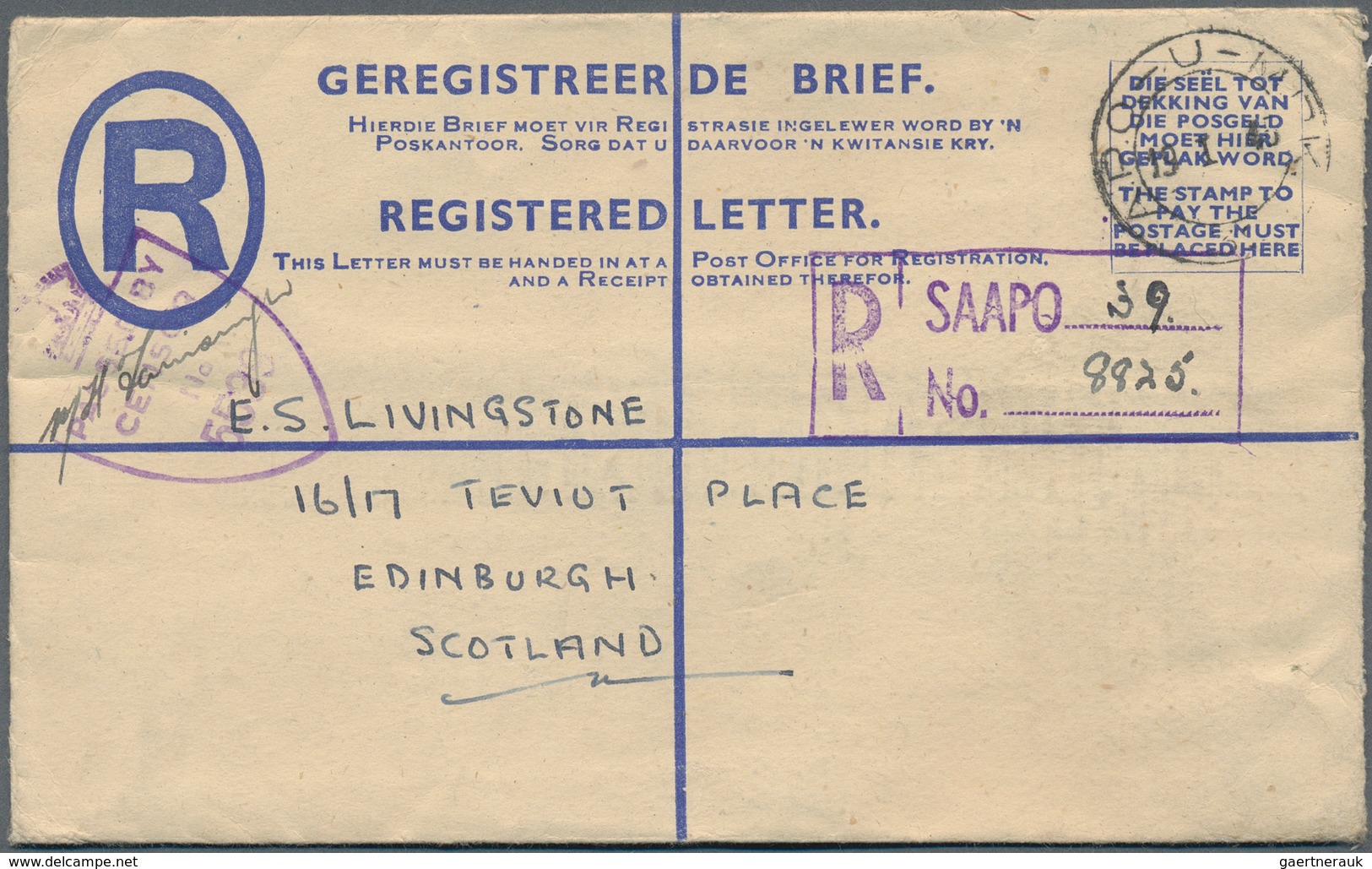 12498 Südafrika - Stempel: 1945, 4 D Ultramarine Registered Psc, Used By S.A. Forces And Sent With Cds A.P - Autres & Non Classés