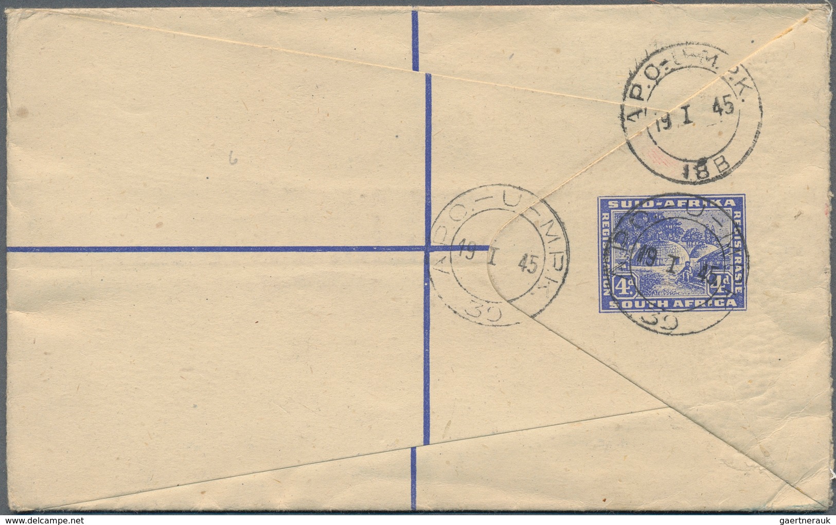 12498 Südafrika - Stempel: 1945, 4 D Ultramarine Registered Psc, Used By S.A. Forces And Sent With Cds A.P - Autres & Non Classés